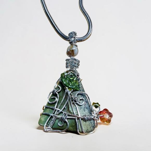 Trifari and handmade Jewelry - Vintage Trifari Snake Chain Necklace Handmade Jasper Wire Wrapped Pendant 22”